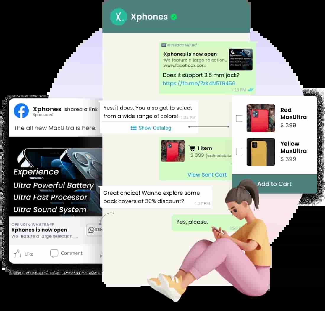 Facebook click-to-chat ad redirected to WhatsApp Business account for purchase by customer