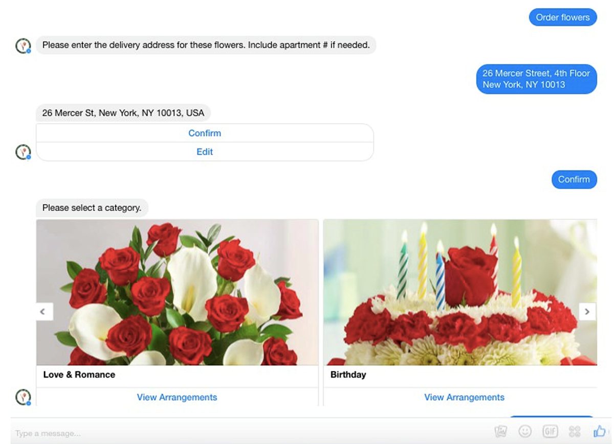 1-800-Flowers connecting with users on Facebook using Chatbots