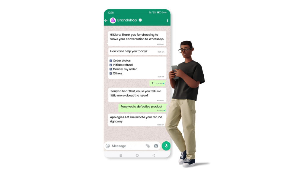 Customer interacting with WhatsApp chatbot.