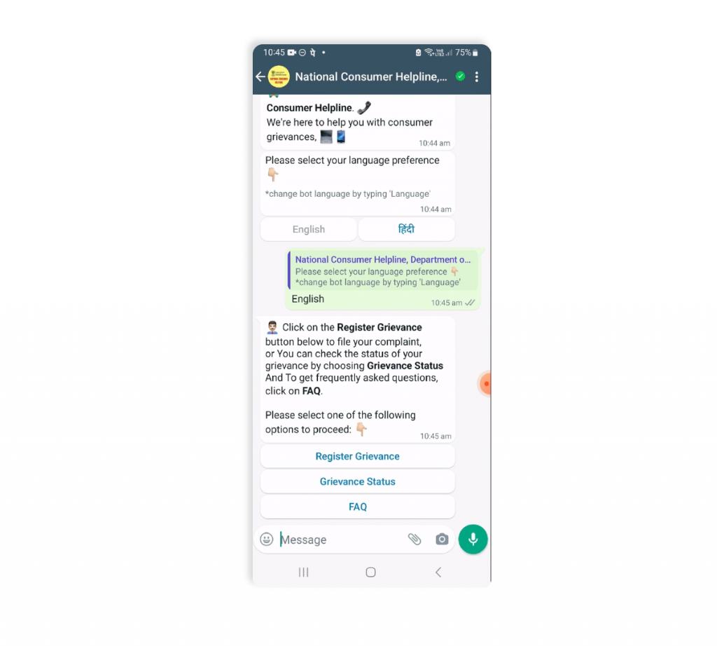 A consumer is filing and tracking the status of their complaint on WhatsApp