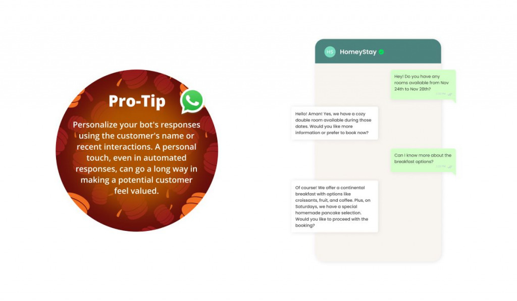 WhatsApp chatbot interaction showcasing customer inquiries for HomeyStay