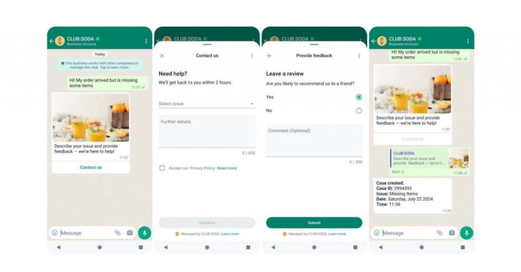 A brand asking customers to share feedback using WhatsApp flows