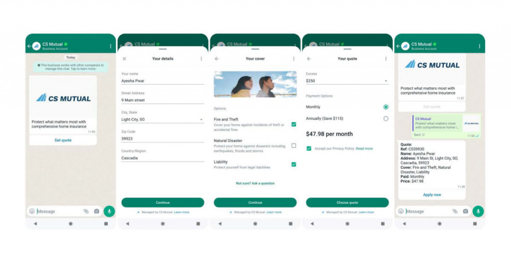 An insurance company leveraging WhatsApp Flows for providing insurance quotes to potential customers