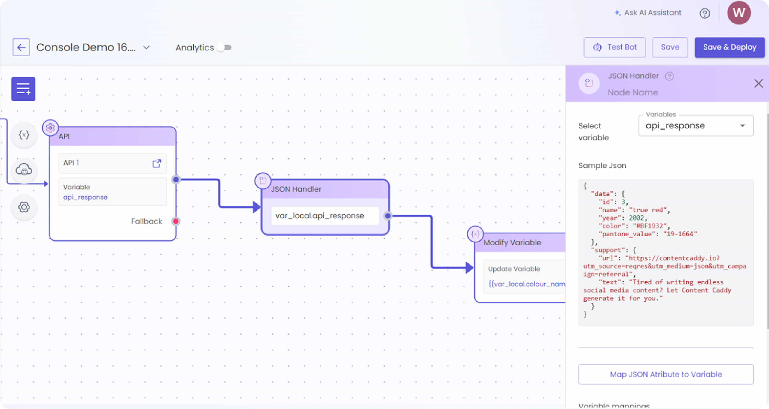 Visual flow of Gupshup’s Journey Builder showing API response handled by JSON Handler Node and variable modification without coding.