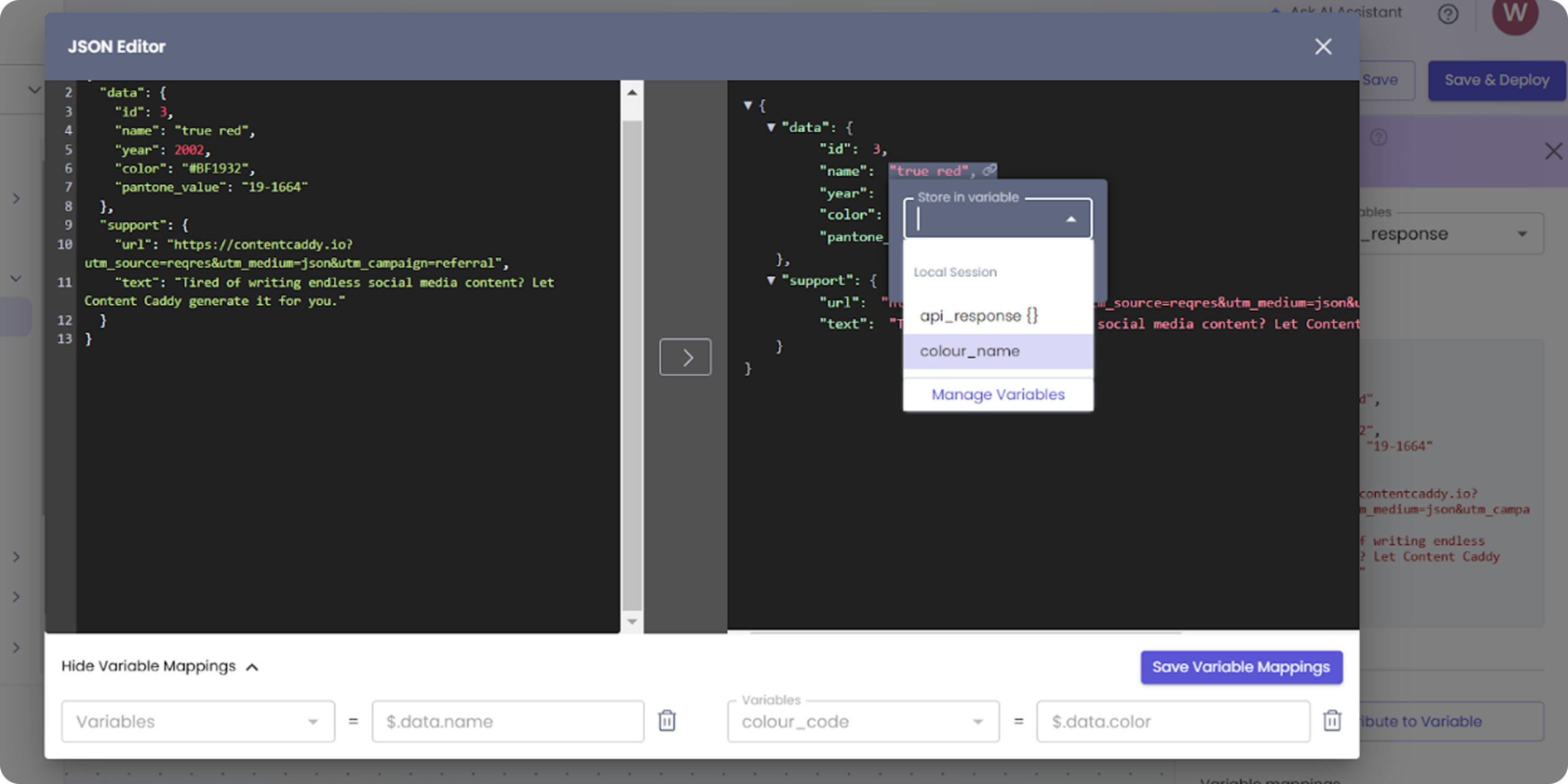 JSON Editor in Gupshup’s bot builder displaying structured API response and mapping JSON values to local variables using a no-code interface.