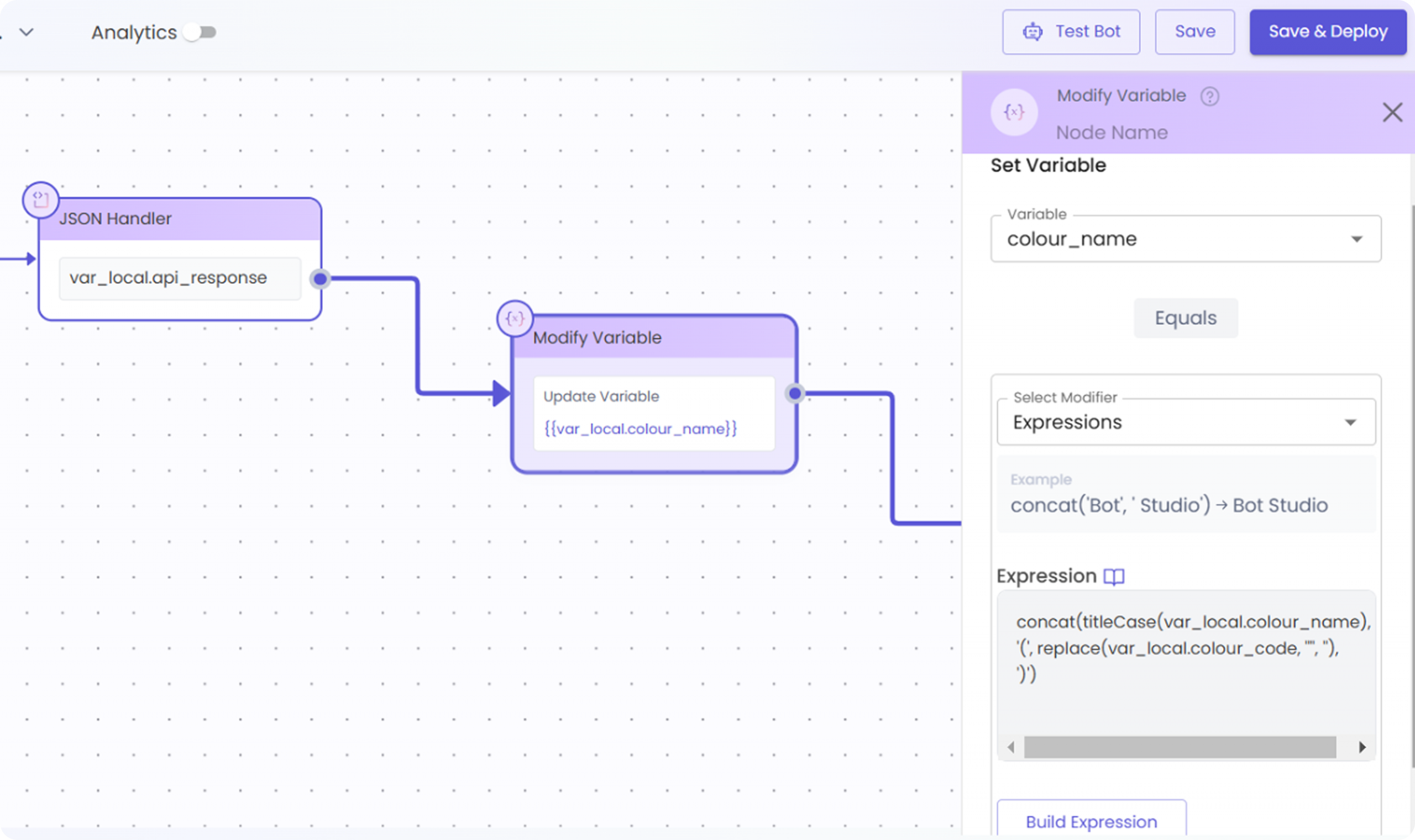 Gupshup’s no-code platform using Expression Library to modify chatbot variables with custom logic applied to API response data.