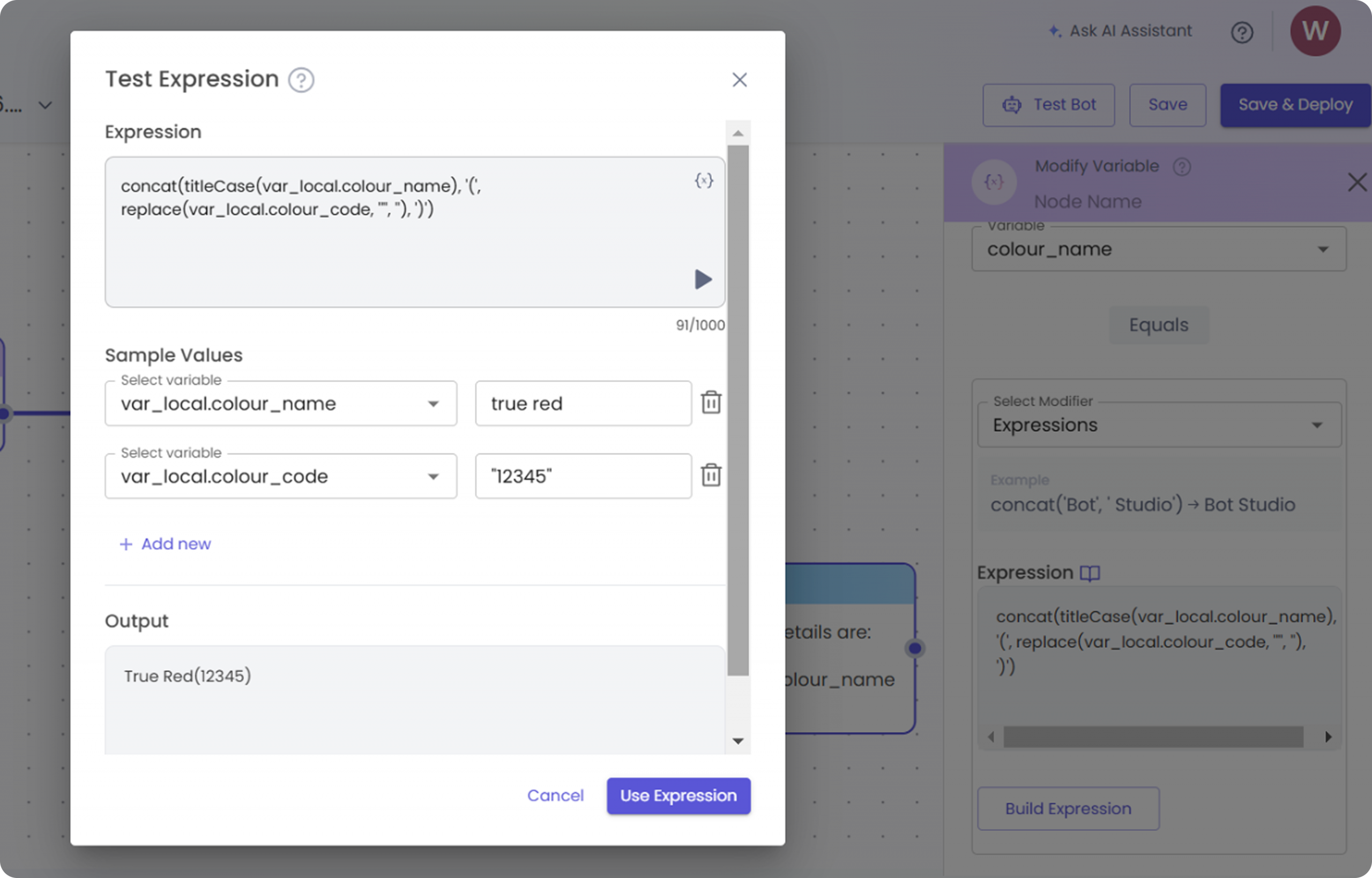 Test Expression panel in Gupshup’s bot builder previewing sample output by combining and formatting variable values using expressions.